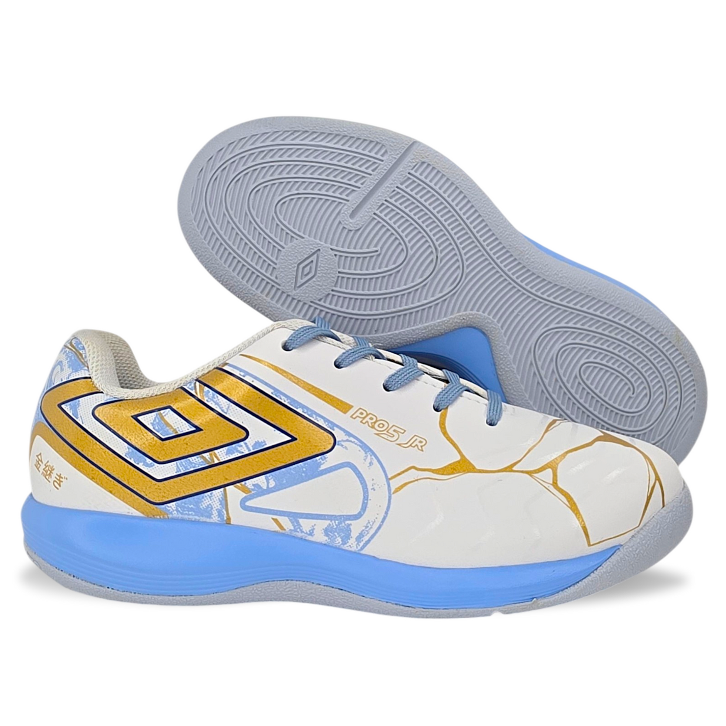 Umbro Pro 5 Bump Kintsugi Futsal - Infantil - Blanco/Azul/Dorado
